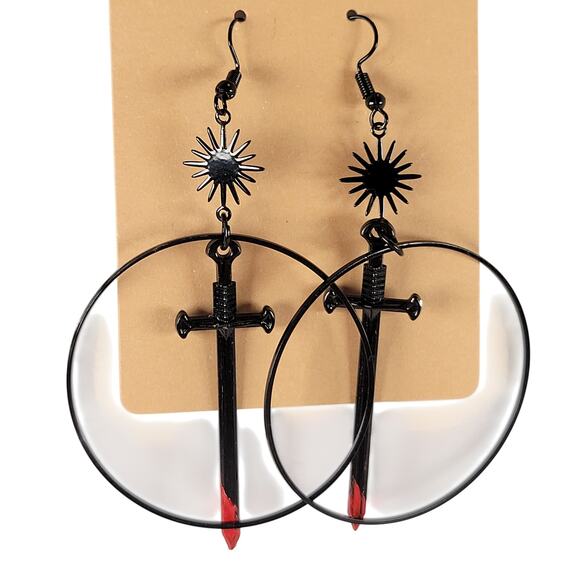 Gothic Sword Hoop Earrings Black Red Blade Sunburst Dangle Cosplay Jewelry 3" - Picture 1 of 9